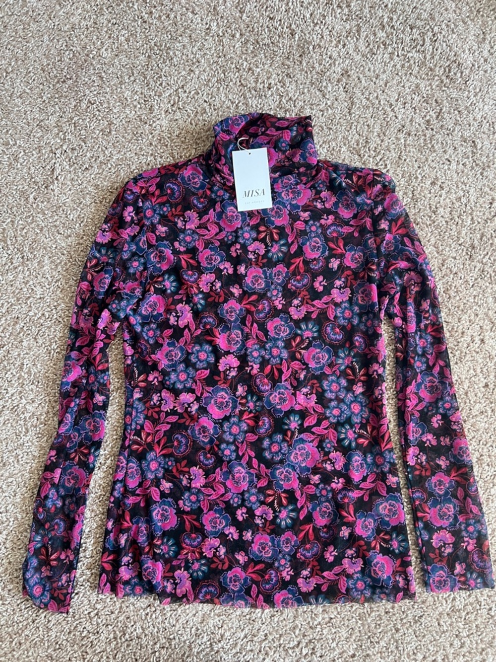 MISA Floral & Sheer Long Sleeve Turtleneck - Pink & Navy